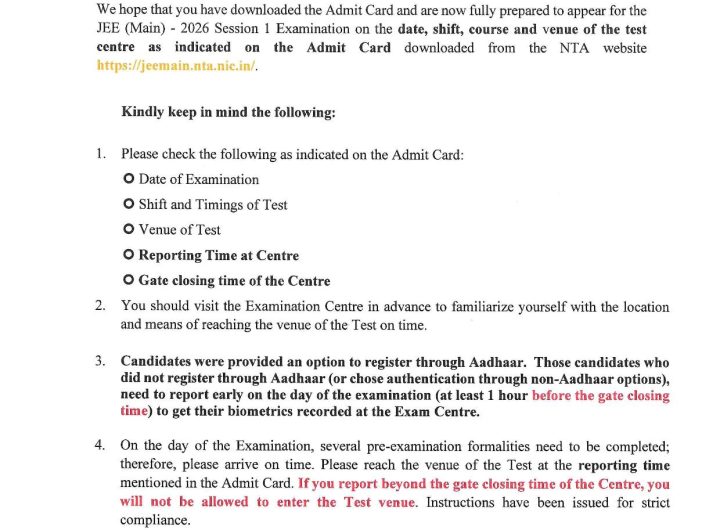 dvisory and Instructions for the Candidates of Joint Entrance Examination (Main) - 2026 Session 1 (January 2026) -