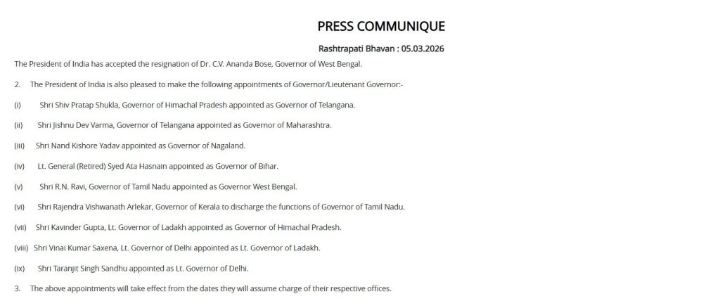 The President of India has accepted the resignation of Dr. C.V. Ananda Bose, Governor of West Bengal.