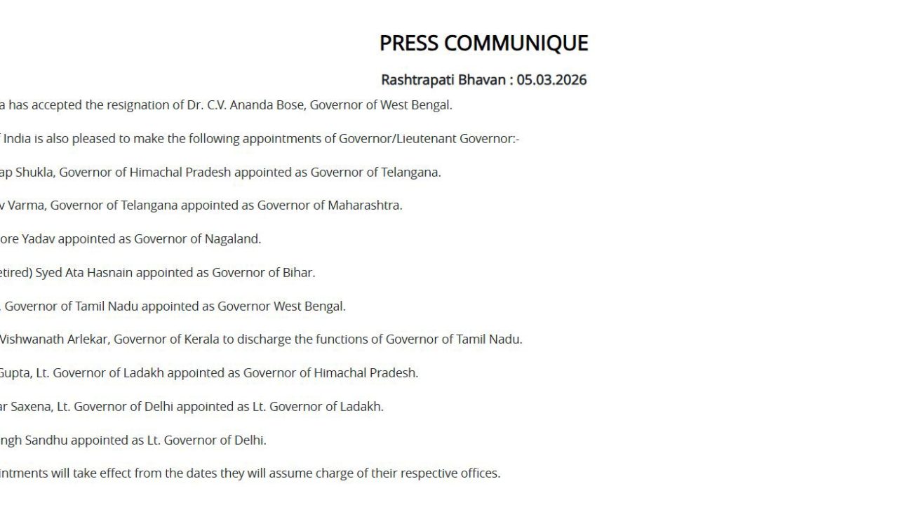 The President of India has accepted the resignation of Dr. C.V. Ananda Bose, Governor of West Bengal.