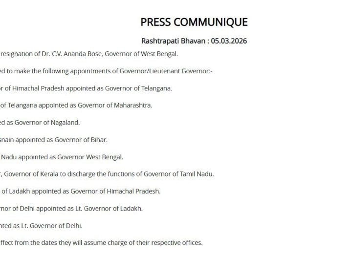 The President of India has accepted the resignation of Dr. C.V. Ananda Bose, Governor of West Bengal.